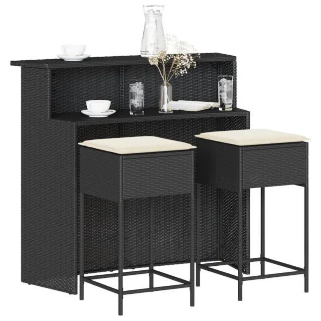 vidaXL 3-delige Tuinbarset met kussens poly rattan zwart, foto 2