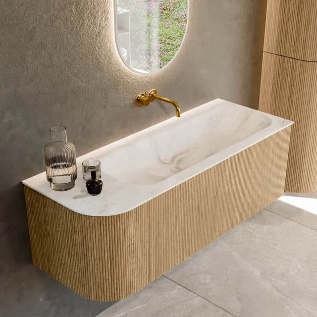 Mondiaz KURVE-DLUX 125 cm Onderkast Greeploos 1 Lade Met Deuren Oak, Wastafel Solid Surface Rechts Frappe 0 Kraangaten Zonder Spiegel (KRVBGM125L1L1D0KR-Oak/Fra)