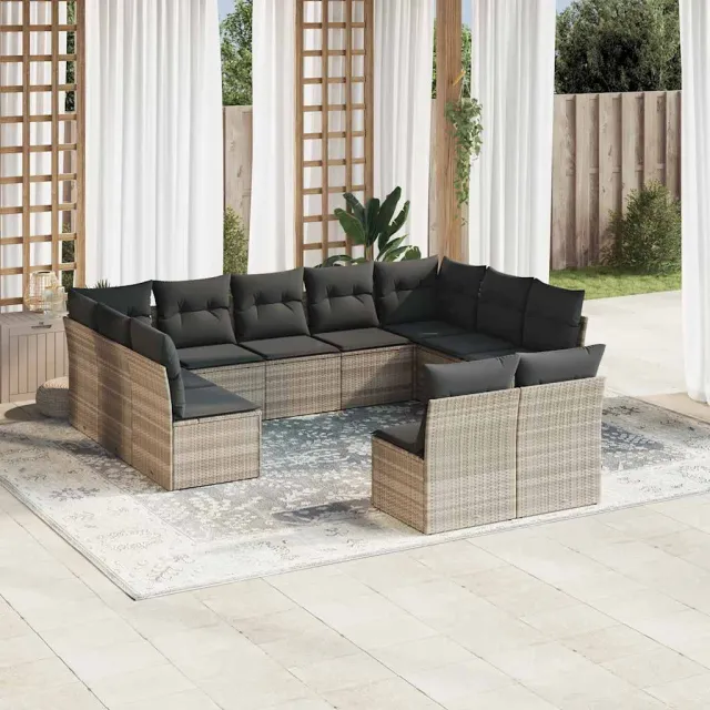 vidaXL 11-delige Loungeset met kussens poly rattan lichtgrijs grijs, foto 2