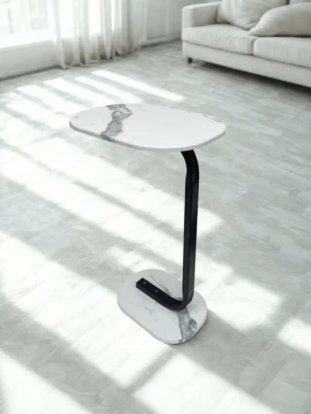 Cozy Maison Bijzettafel Wit met Marmerlook – Rond Tafelblad – Modern Design – Compact en Stabiel Wit gemarmerd