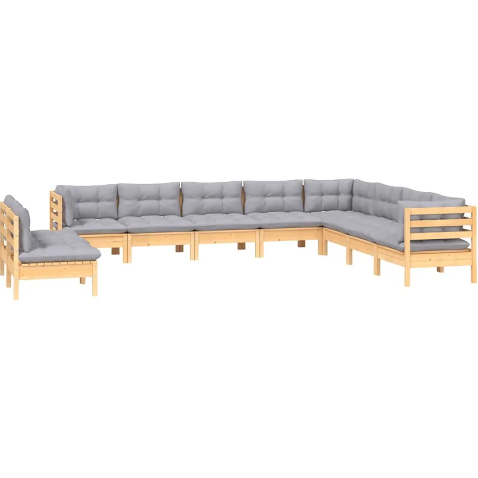 vidaXL 10-delige Loungeset met grijze kussens massief grenenhout Grijs