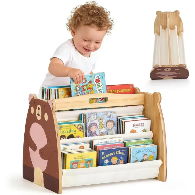 Vellaro Kinderboekenkast - Wit - 2 Niveaus - Houten Montessori Boekenkast met Handgreep - Voor Kinderen 1-3 Jaar