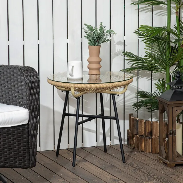 MIVRAY Bistrotafel - Ronde Tuintafel Met Gehard Glas En PE-Rattan - Voor Balkon En Terras - Metaal En Glas - 50 x 50 x 50 cm - Beige Zwart