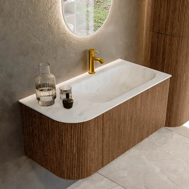 Mondiaz KURVE-DLUX 95 cm Onderkast Greeploos 1 Lade Met Deuren Walnut, Wastafel Solid Surface Rechts Opalo 1 Kraangat Zonder Spiegel (KRVBGS95L1L1D1KR-Wal/Opa)