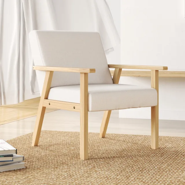 HAUSS SPOLE Fauteuil - Scandinavische Stijl - Brede Zitting met Twee Kussens - voor Woonkamer en Slaapkamer - Linnen en Hout - Crèmewit Crème wit