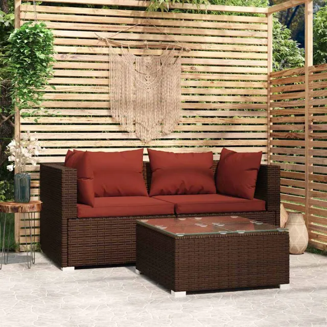 vidaXL 3-delige Loungeset met kussens poly rattan bruin, foto 2