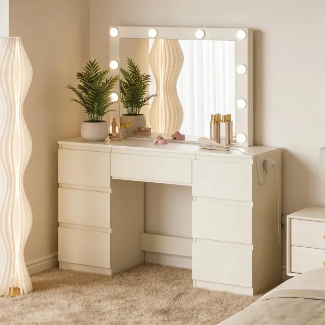 REDOM Kaptafel - Met LED-Spiegel En Stopcontacten - Modern - Slaapkamer - Hout En Glas - Wit - 110 × 39,5 × 140,5 cm