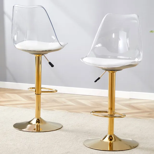 Welltin Barstoelen - Set van 2 - Verstelbare Barkrukken - 360° Draaibaar - Transparante Kunststof Rugleuning - PU-Lederen Zitting - Zwarte Metalen Poten - In Hoogte Verstelbaar - Moderne Keukenstoelen - Comfortabele Stoelen - Goud