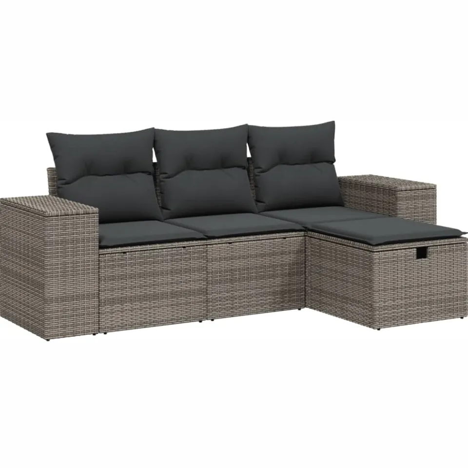 vidaXL 4-delige Loungeset met kussens poly rattan grijs, foto 3
