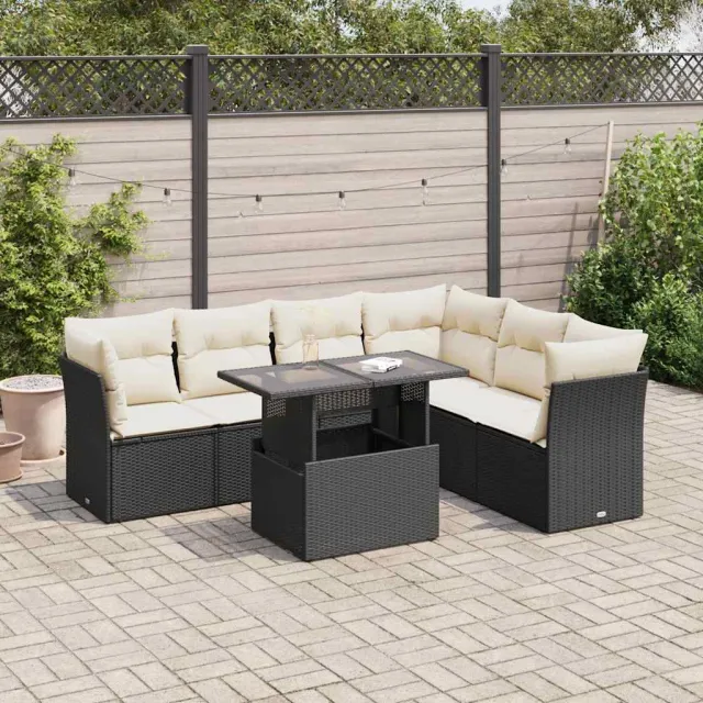 vidaXL 7-delige Loungeset met kussens poly rattan zwart, foto 2