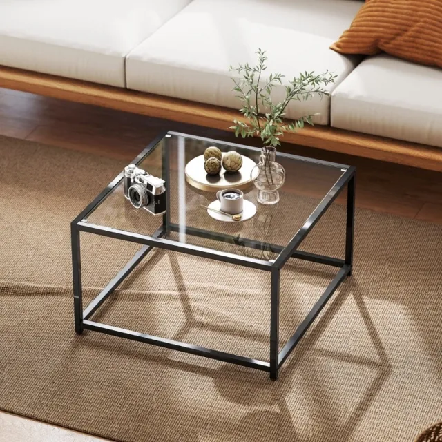 MODENUIT Bijzettafel - Vierkant Design Met Gehard Glas En Stalen Frame - Woonkamer - Zwart - 68x68x39 Cm