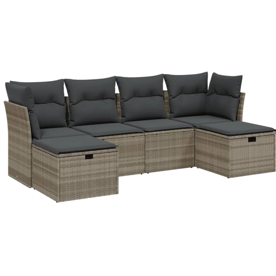 vidaXL 6-delige Loungeset met kussens poly rattan lichtgrijs grijs, foto 3