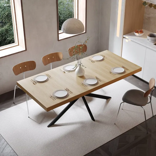 MODENUIT Eettafel - Uitschuifbaar Met Opbergruimte - Voor Eetkamer En Keuken - MDF En Metaal - 140-180x80x76 Cm Naturel
