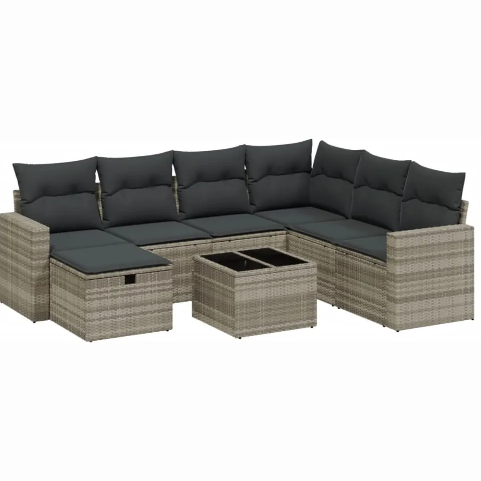 vidaXL 8-delige Loungeset met kussens poly rattan lichtgrijs grijs