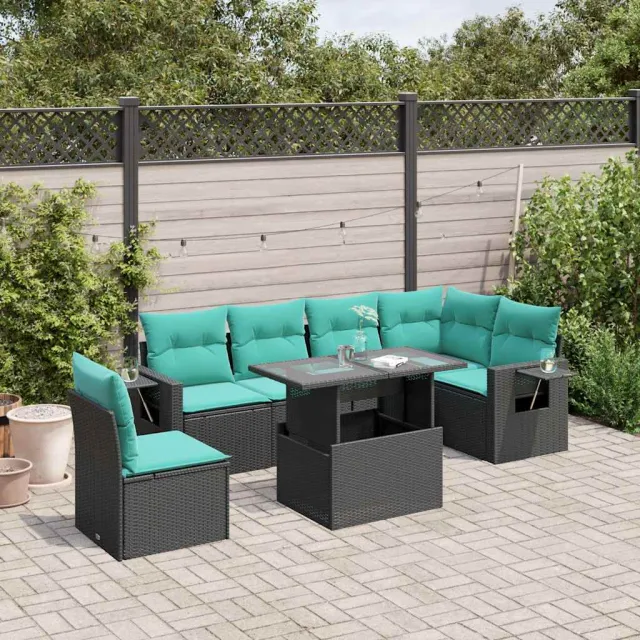 vidaXL 7-delige tuinbankset met kussens van zwart polyrotan