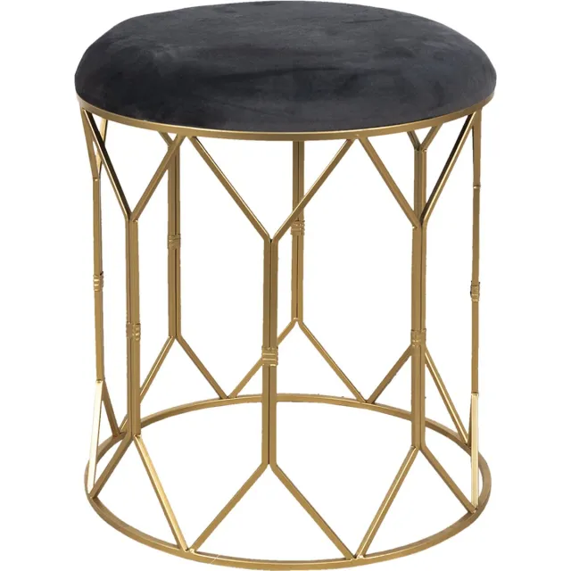 Clayre & Eef Poef Ø 40x45 cm Grijs Velours Metaal Rond Hocker Voetenbankje