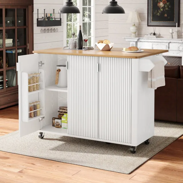 MEUNIQ Keukeneiland 130 x 45/75 x 92 cm met uitklapbaar blad, 3 deuren, verstelbare planken, kruidenrek, handdoekhouder en wielen voor keuken of eetkamer, wit