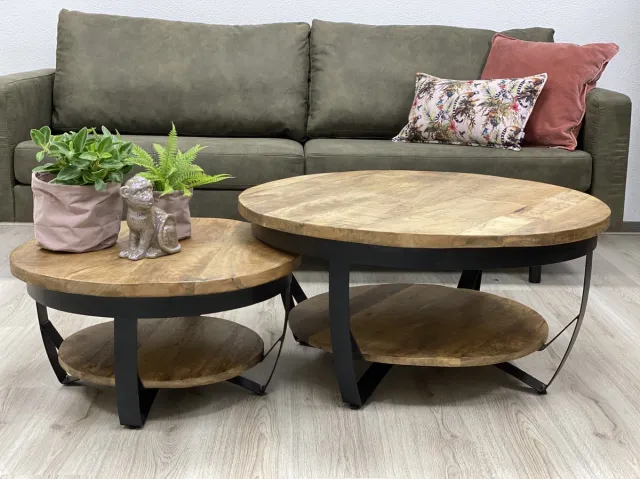The Copperbarn Salontafel rond 90cm & 65cm Mangohouten Industrieel salontafels Naturel