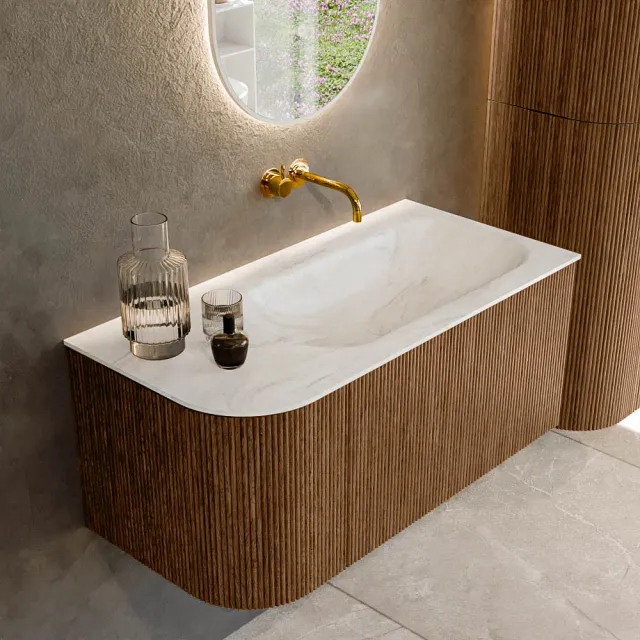 Mondiaz KURVE-DLUX 95 cm Onderkast Greeploos 1 Lade Met Deuren Walnut, Wastafel Solid Surface Rechts Ostra 0 Kraangaten Zonder Spiegel (KRVBGS95L1L1D0KR-Wal/Ost)