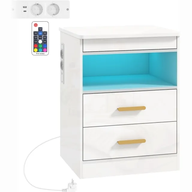 Ropilly NachtkastNachtkastje met Oplaadstation - Wit Nachtkastje met 2 Lades en RGB LED Verlichting - USB en Stopcontact - MDF - Slaapkamer - 45x40x59 cmje met oplaadstation - Hoogglans wit nachtkastje - RGB LED verlichting - MDF - Slaapkamer - 45x40x59 cm