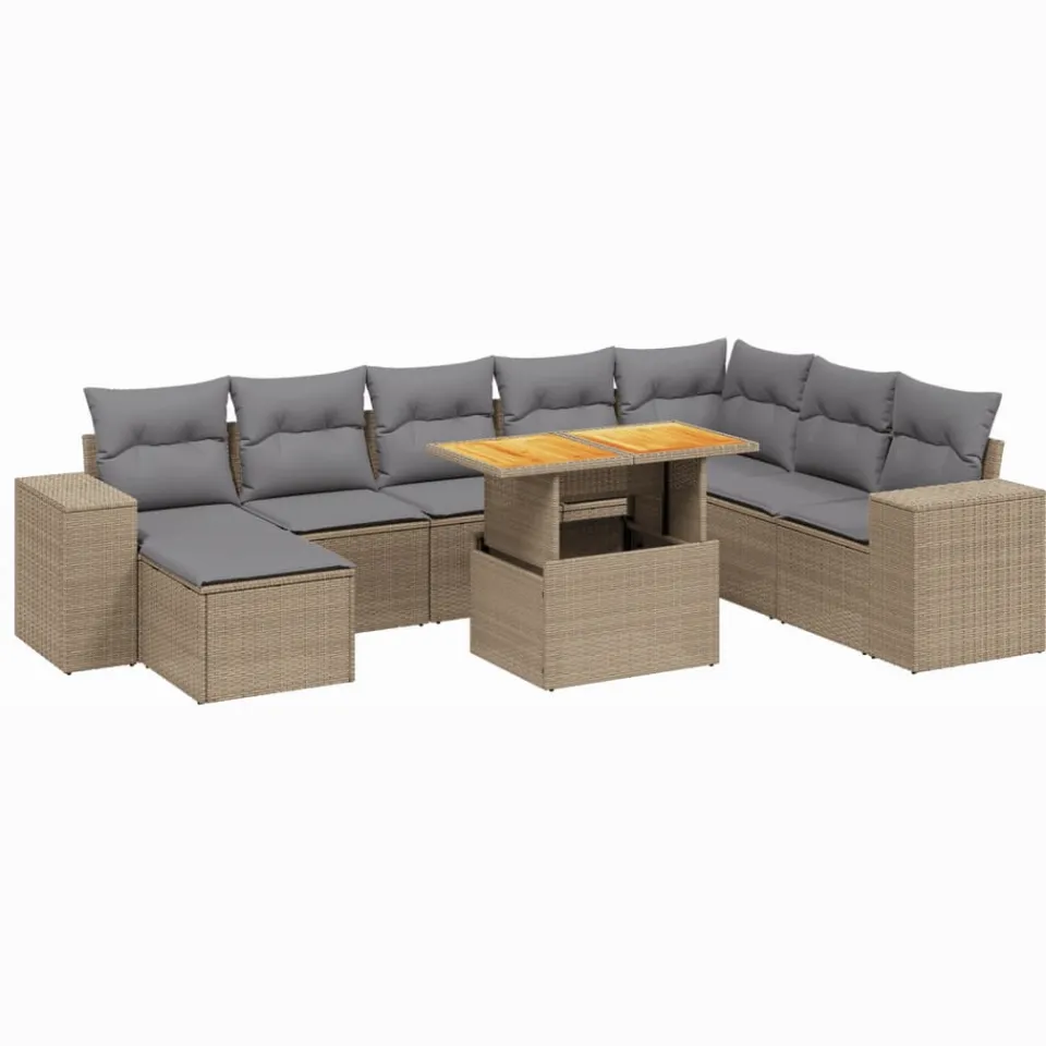 vidaXL 9-delige Loungeset met kussens poly rattan beige