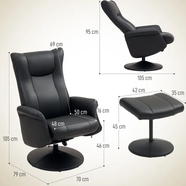 DESMIU Relaxfauteuil 70 x 79 x 105 cm - Draaibaar met Verstelbare Rugleuning en Hocker - Voor de Woonkamer - Kunstleer - Zwart