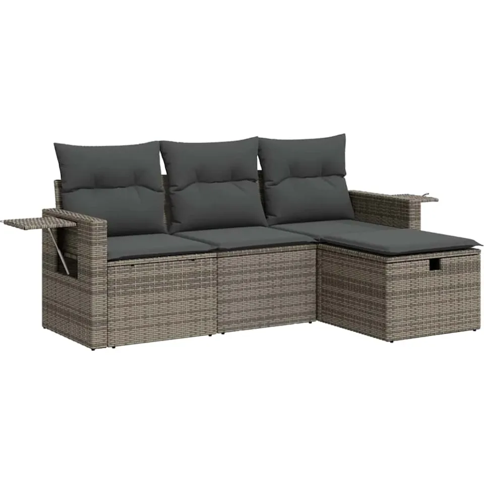 vidaXL 4-delige Loungeset met kussens poly rattan grijs, foto 3