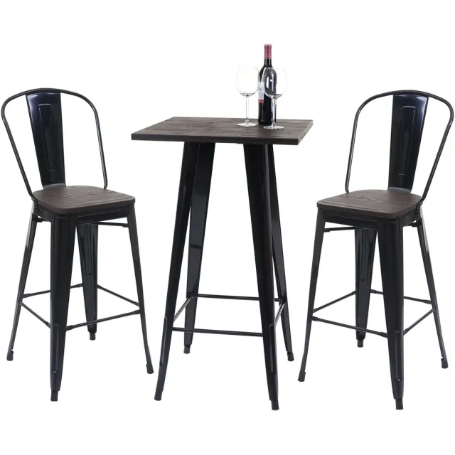 Cosmo Casa Statafel + 2x Barkruk - Inclusief houten tafelblad - Barkruk bartafel - Metaal industrieel ontwerp - Zwart