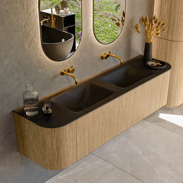 Mondiaz KURVE 170 cm Onderkast Greeploos 1 Lade Met Deuren Oak, Wastafel Solid Surface Dubbel Urban 0 Kraangaten Zonder Spiegel (KRVCLO170L+R1L2D0KD-Oak/Urb)