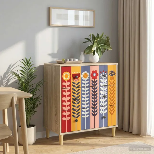 vidaXL Ladekast ESSEN Zonnebloemprint 66 x 36,5 x 75 cm Bewerkt hout Bruin