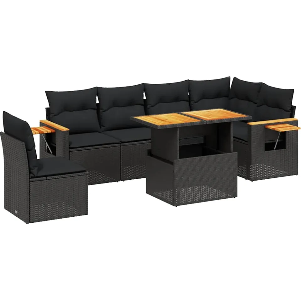 vidaXL 7-delige Loungeset met kussens poly rattan zwart, foto 3