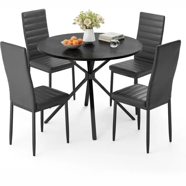 Xbro Eetkamerset met 4 Eetkamerstoelen, Eettafel en Stoelen van leer, geschikt voor 4 personen, Moderne Eetkamer Stoelen Set met ronde tafel, voor woonkamer, eetkamer en kantoor, Zwart