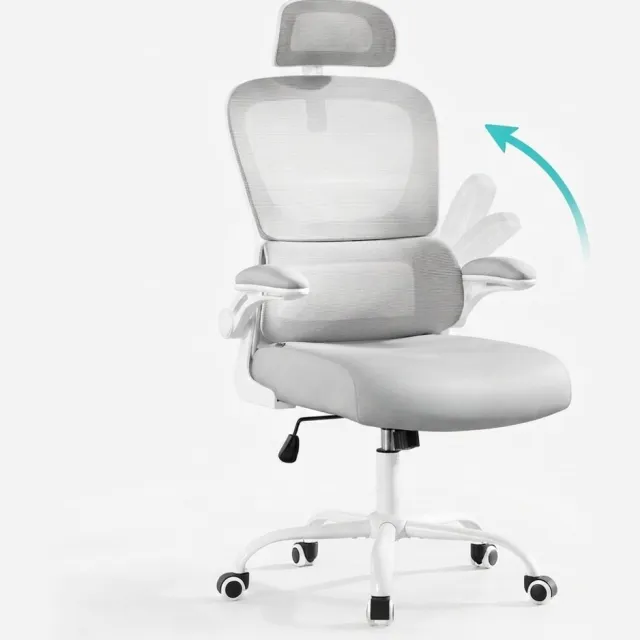 Archi Ergonomische Bureaustoel – Mesh Bureaustoel – Verstelbare Hoofdsteun – Opklapbare Armleuningen – Tot 120 kg - Grijs