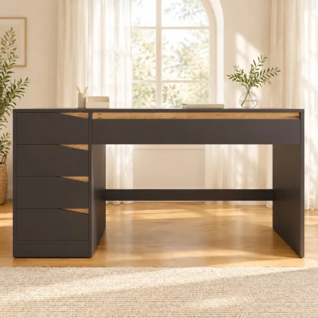Wishdor Bureau met 5 lades en ruim werkblad - Opbergruimte voor documenten - Modern Scandinavisch ontwerp - Thuiswerkplek slaapkamer studeerkamer - MDF - Grijs en eikenkleur - 140 x 50 x 78 cm