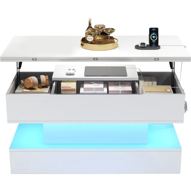 MUVANO Salontafel met stopcontact en usb - In hoogte verstelbare salontafel wit - Multifunctioneel - 100x50x51,5cm - Met LED verlichting - Woonkamer Wit