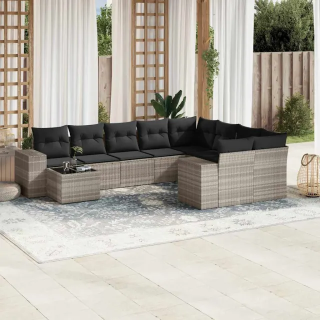 vidaXL 10-delige Loungeset met kussens poly rattan lichtgrijs grijs, foto 2