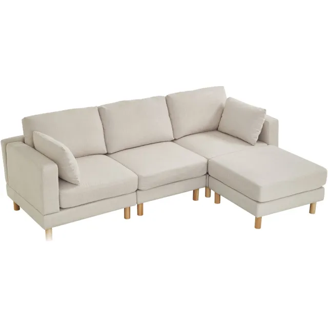 Merax 3-Zits Hoekbank Beige - L-Vormige Bank met Hocker - Omkeerbare Chaise Longue - Polyester Bekleding - Rubberhouten Poten - Scandinavisch Design