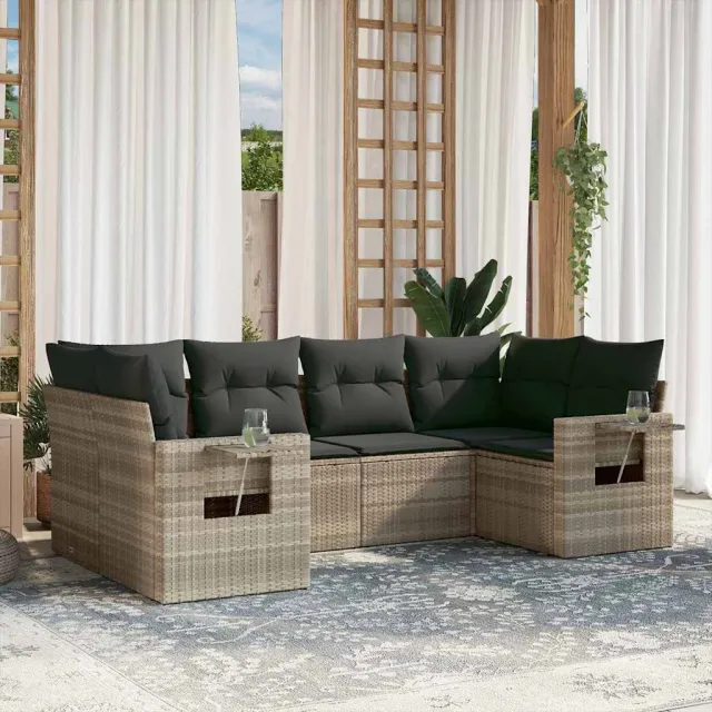 vidaXL 6-delige Loungeset met kussens poly rattan lichtgrijs grijs, foto 2