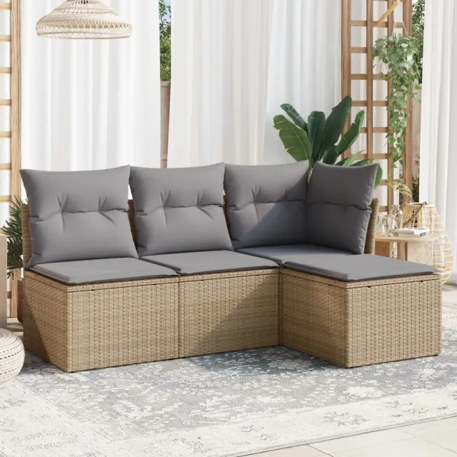 vidaXL 4-delige Loungeset met kussens poly rattan beige, foto 2
