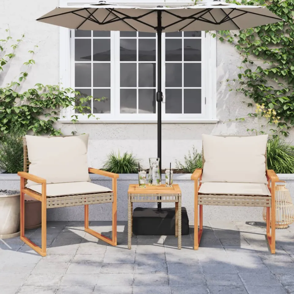vidaXL 3-delige Bistroset en kussens poly rattan en hout gemengd beige, foto 2
