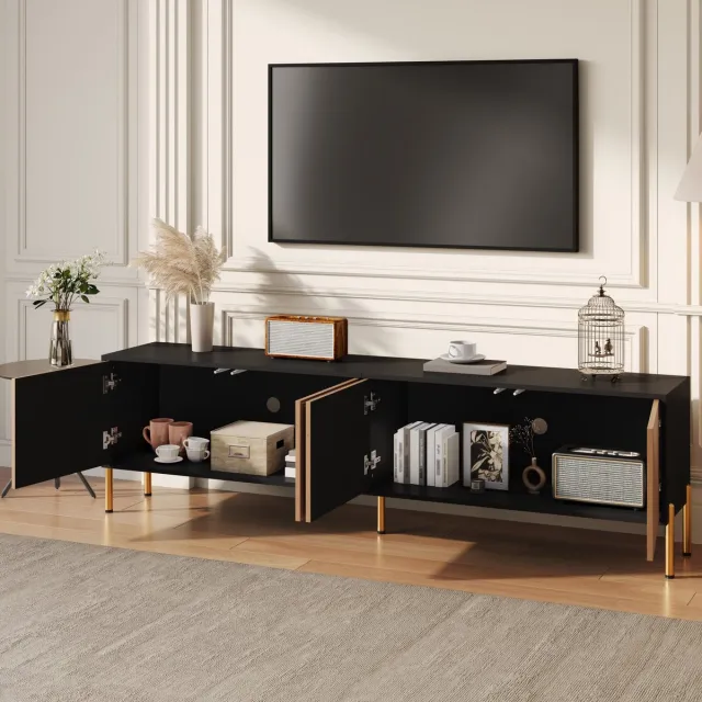 FloraGrace Tv Meubel - Gestructureerde Deuren Met Kleurblok - 4 Deuren Opbergruimte Voor Woonkamer - Spaanplaat Zwart Naturel - 179x35x53,5 Cm