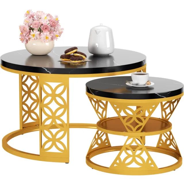 REDOM Salontafel Set van 2 – Ronde Salontafel Zwart Marmerlook – Moderne Woonkamer Tafel – Nesting Design – Stevig Goud Metalen Frame – Ruimtebesparend – Zwart/Goud Zwart++Goud