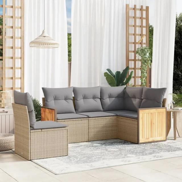 vidaXL 5-delige Loungeset met kussens poly rattan beige, foto 2