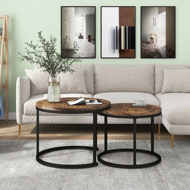 MUVANO Ronde salontafel set van 2 - Bruine bijzettafel met houtnerf - Nesting tafels - Salontafelset - 50x70,5 cm en 45,5x44 cm - Stapelbaar - Woonkamer Bruin
