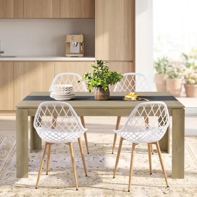 EGGREE 4-delige eettafel- en stoelenset; een eettafel- en stoelenset geschikt voor 4 personen - inclusief stoelen; geschikt voor keuken, eetkamer of woonkamer (eettafel 160 x 80 x 75 cm + 4 Witte eetkamerstoelen). Eikenkleur1+4Wit