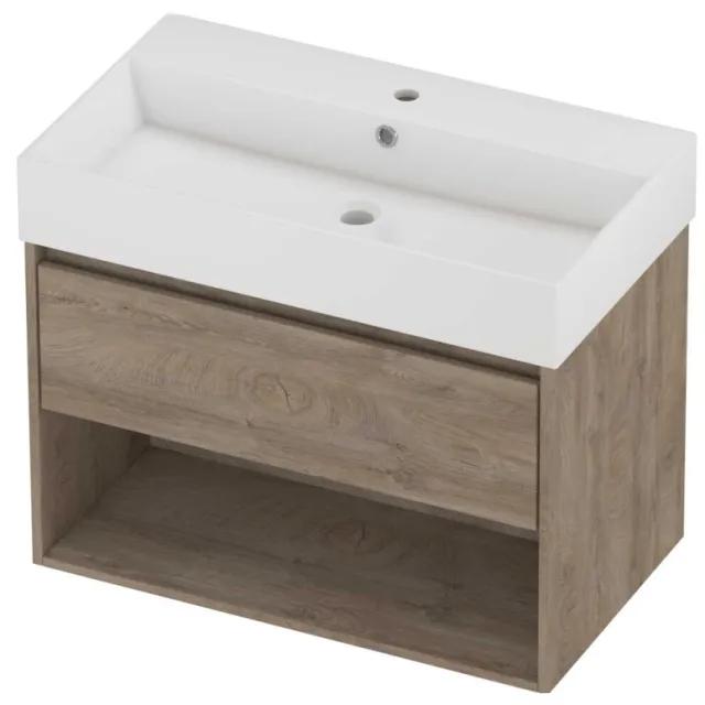 Proline Zara Badmeubelset Porselein Loft 1 Kraangat Met Schap 80x46x65 cm Glans Wit Raw Oak Eiken