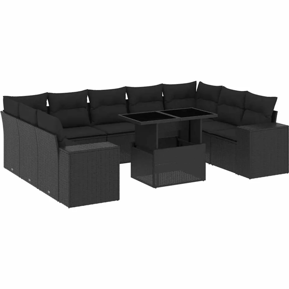 vidaXL 10-delige Loungeset met kussens poly rattan zwart, foto 3