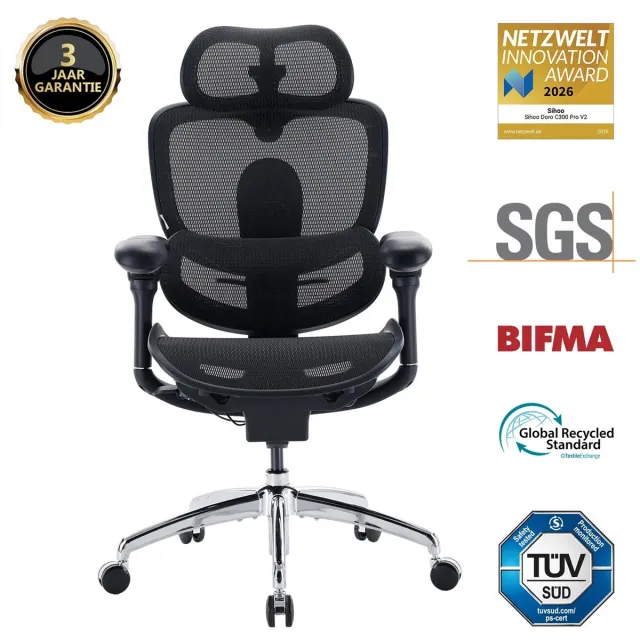 Sihoo Doro C300 Pro V2 Ergonomische bureaustoel zonder voetensteun, adaptieve ondersteuning voor het hele lichaam,8D-armleuningen en ademend mesh,comfortabele bureaustoel met hoge rugleuning voor langdurig gebruik,135° verstelbare rugleuning(zwart) Pro V2 Zwart