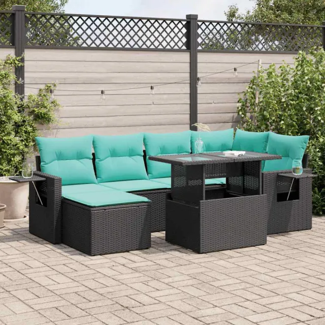 vidaXL 7-delige tuinbankset met kussens, zwart polyrotan en acacia, foto 2