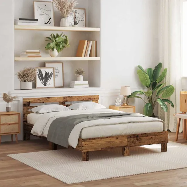 vidaXL Bedframe met hoofdeinde Oudhout 140 x 200 cm Bewerkt hout bruin